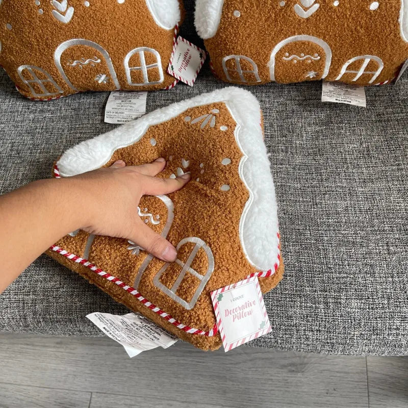 Fleece Decorative Cushion - Gingerbread House Shape, Embroidered Christmas Accent for Couch & Sofa 4