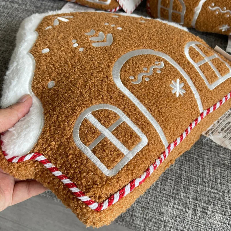 Fleece Decorative Cushion - Gingerbread House Shape, Embroidered Christmas Accent for Couch & Sofa 5