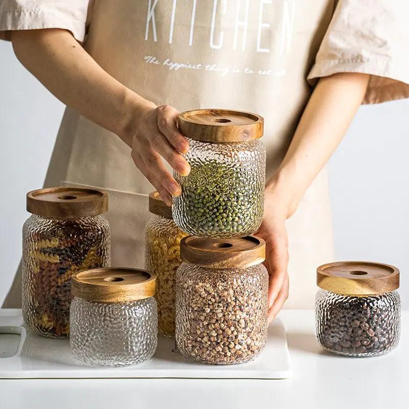 Hammered Glass Airtight Storage Jar - 350ml with Dark Timber Lid, Textured Clear Glass for Spices & Kitchen Canisters 1