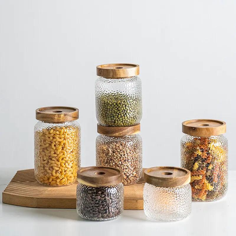 Hammered Glass Airtight Storage Jar - 350ml with Dark Timber Lid, Textured Clear Glass for Spices & Kitchen Canisters 2