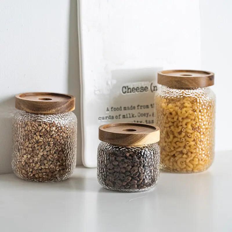 Hammered Glass Airtight Storage Jar - 350ml with Dark Timber Lid, Textured Clear Glass for Spices & Kitchen Canisters 3