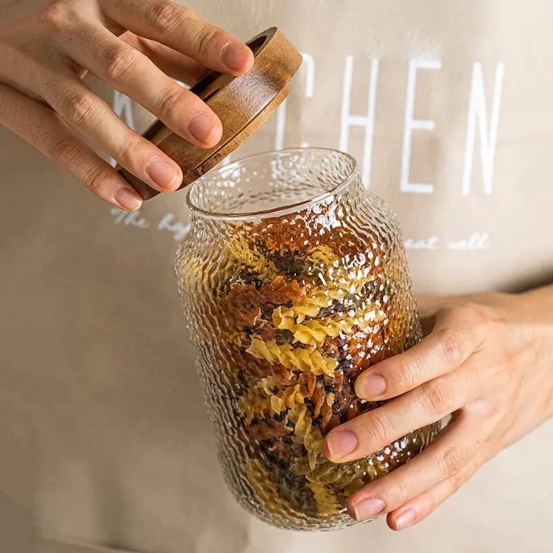 Hammered Glass Airtight Storage Jar - 350ml with Dark Timber Lid, Textured Clear Glass for Spices & Kitchen Canisters 4