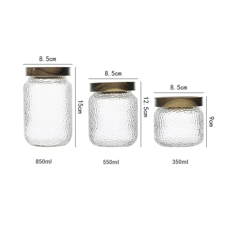 Hammered Glass Airtight Storage Jar - 350ml with Dark Timber Lid, Textured Clear Glass for Spices & Kitchen Canisters 6