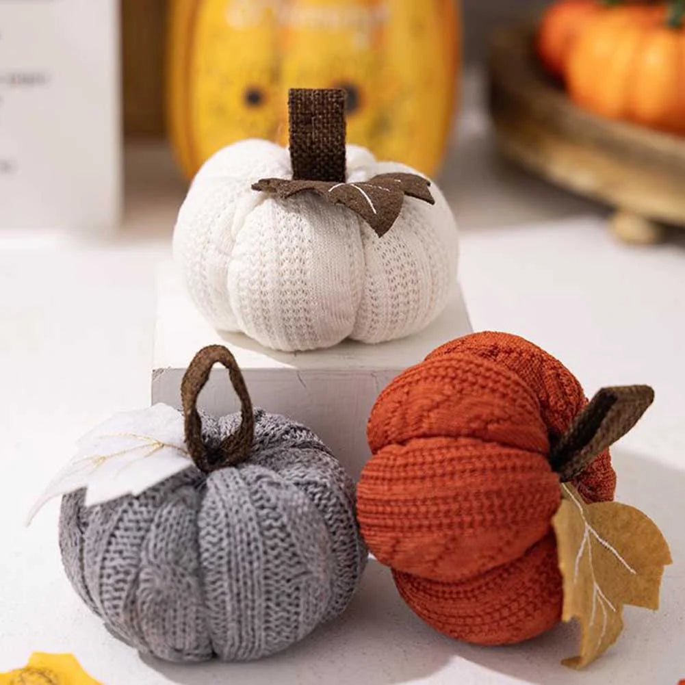 Handmade Crocheted Pumpkin Set - 3-Piece Textile Fall Home Decor, Orange Grey White Autumn Decoration 0