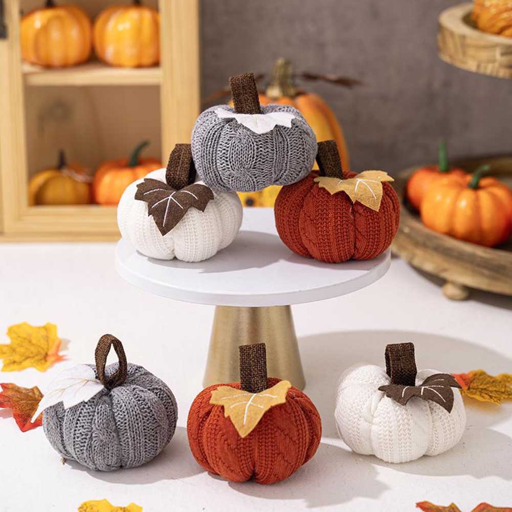 Handmade Crocheted Pumpkin Set - 3-Piece Textile Fall Home Decor, Orange Grey White Autumn Decoration 1