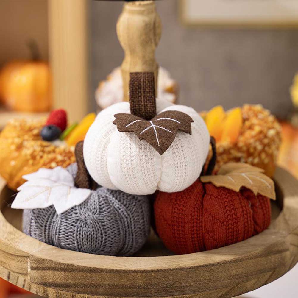 Handmade Crocheted Pumpkin Set - 3-Piece Textile Fall Home Decor, Orange Grey White Autumn Decoration 2