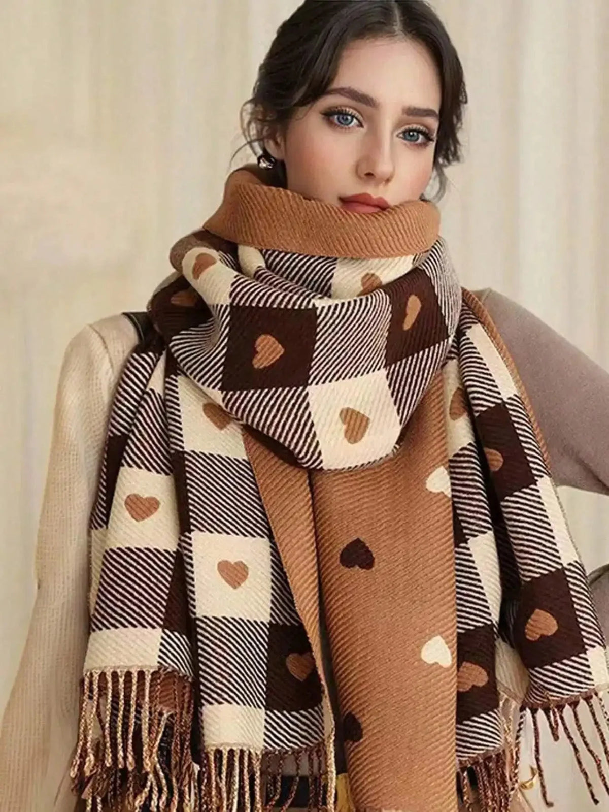 Knitted Wool Winter Scarf - 200x70cm Heart Pattern, Soft Warm Wrap for Women, Cozy Autumn and Winter Accessory 1