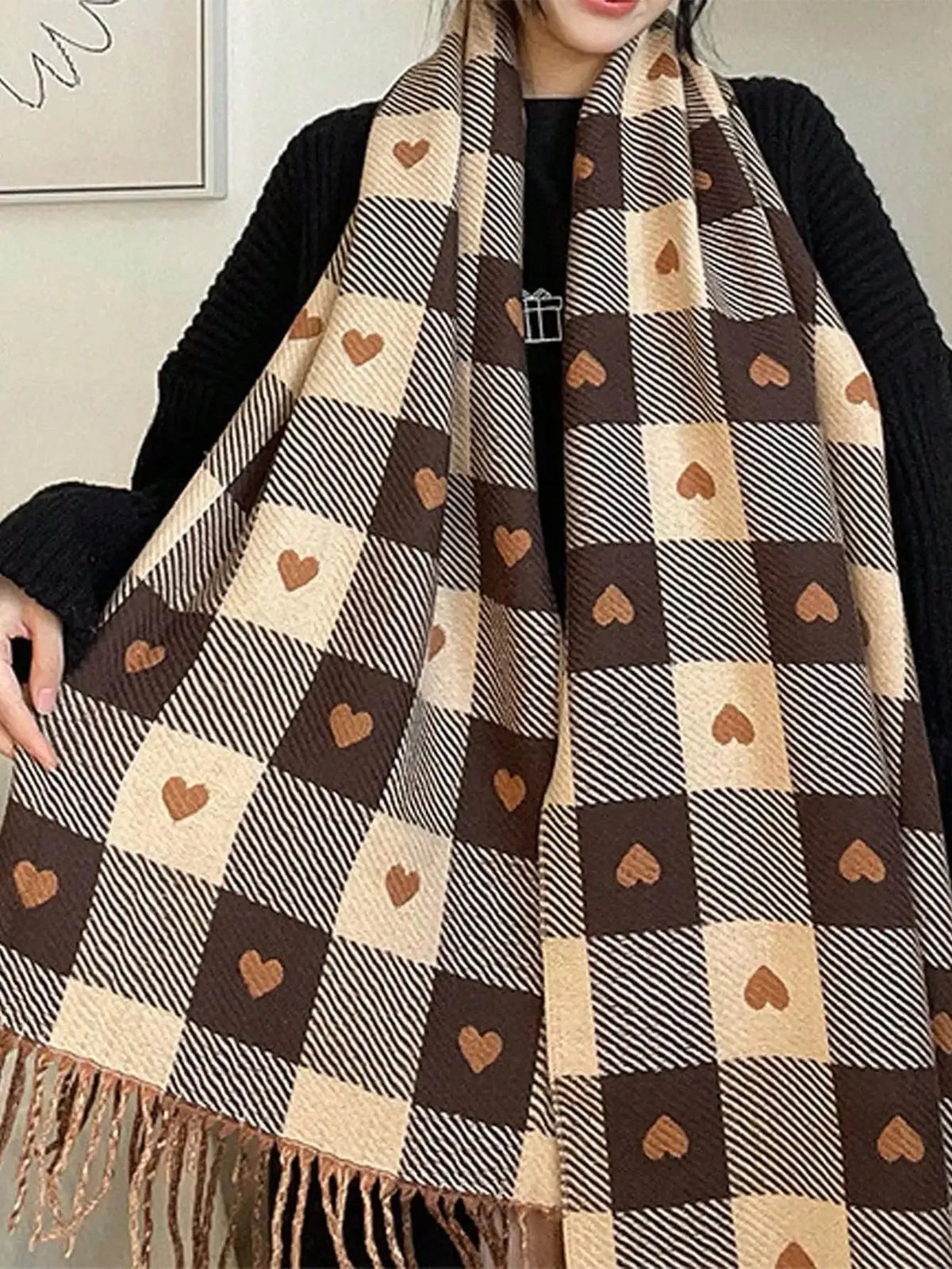 Knitted Wool Winter Scarf - 200x70cm Heart Pattern, Soft Warm Wrap for Women, Cozy Autumn and Winter Accessory 2