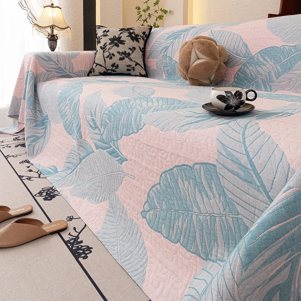 Luna Sofa Cover - Leaf Pattern, Breathable Gauze, All-Season Protection 2