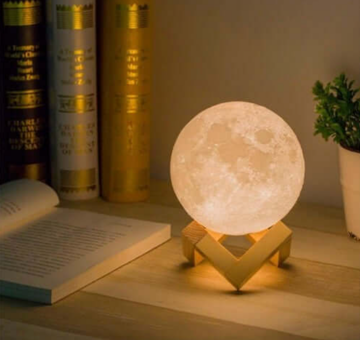 Lunara 3D Moon Lamp - Wireless LED with Dimmable Colors and Wooden Stand 1