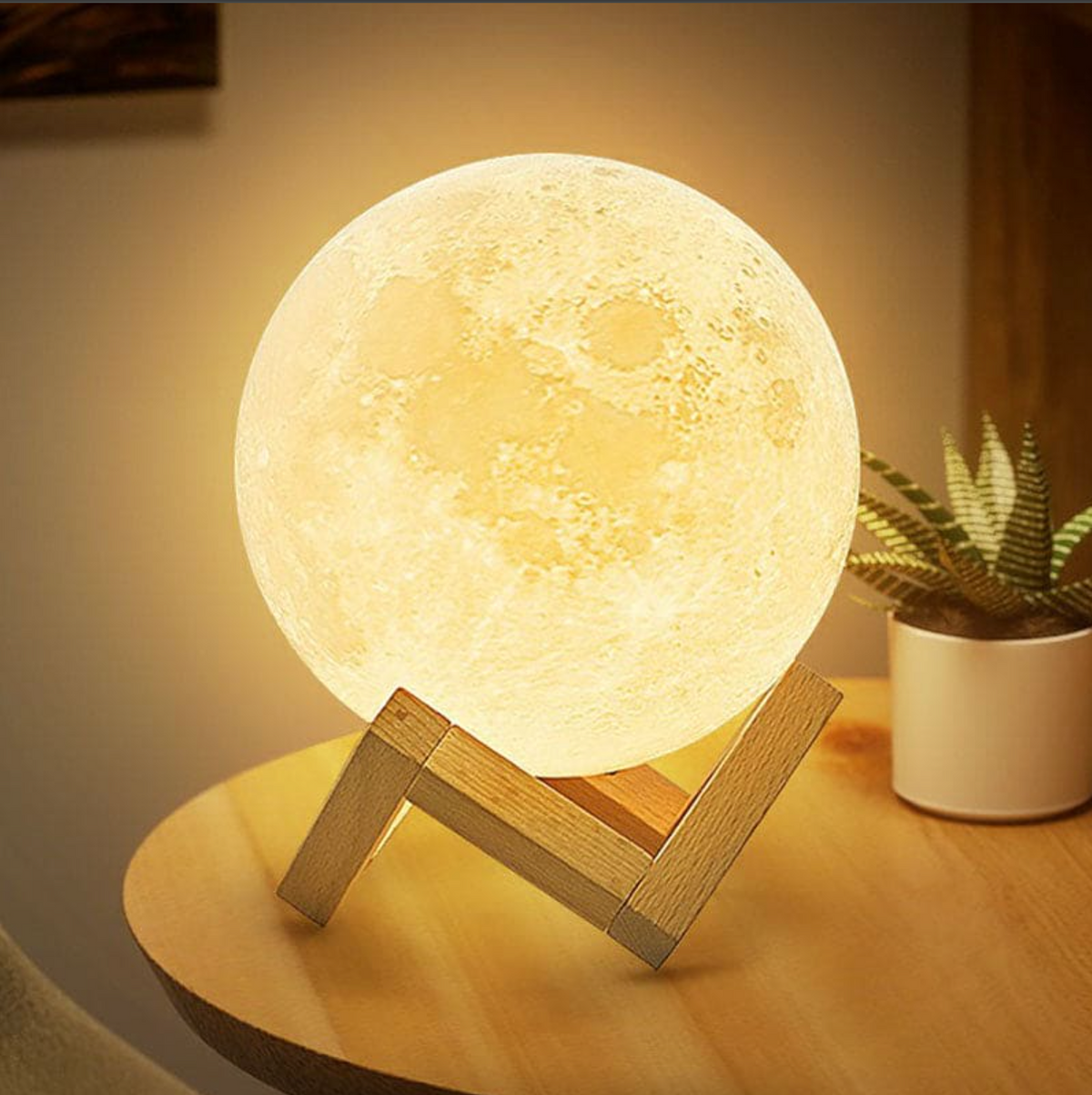 Lunara 3D Moon Lamp - Wireless LED with Dimmable Colors and Wooden Stand 3