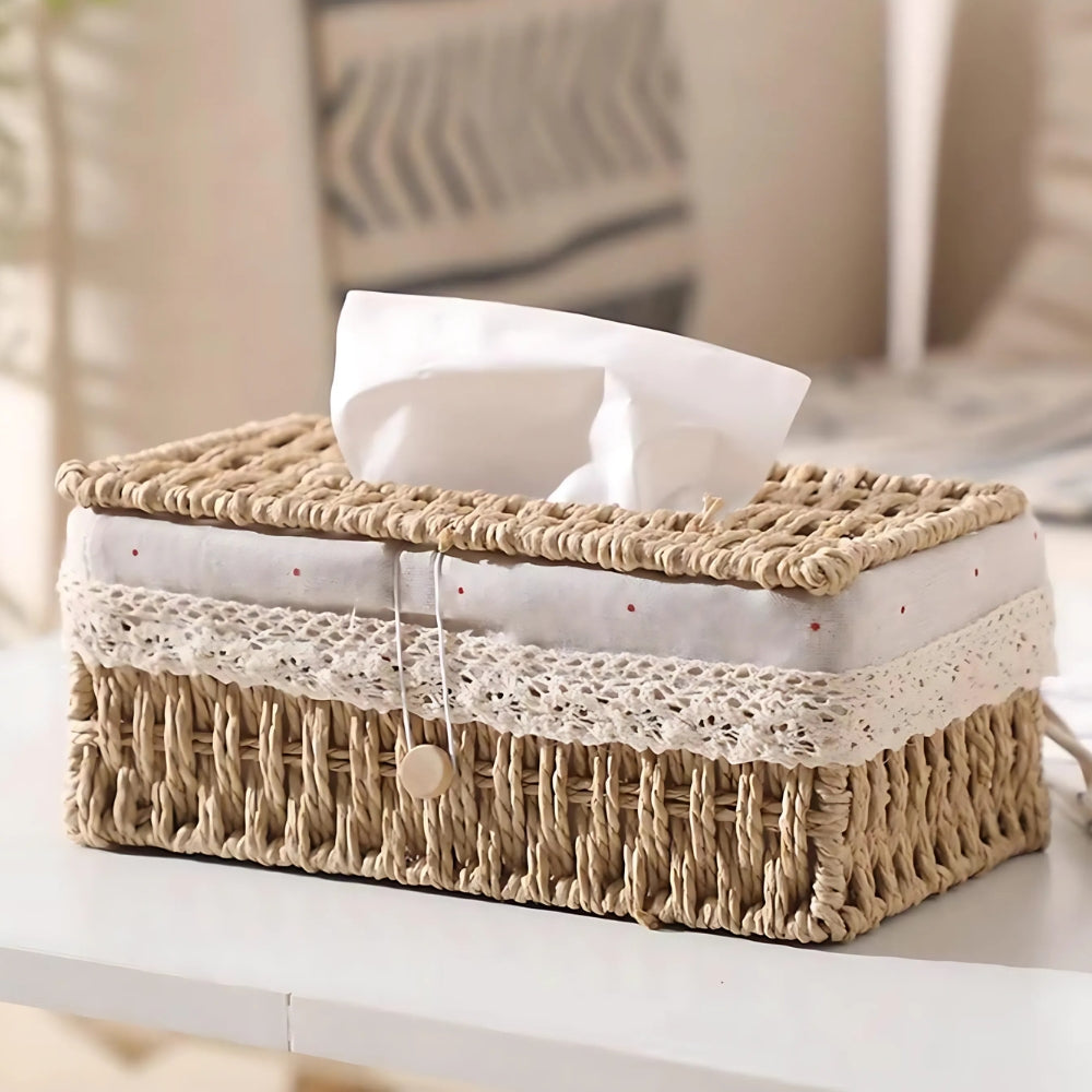 Lunor Tissue Box Cover - Handwoven Braided Paper Rope, Vintage Style 0