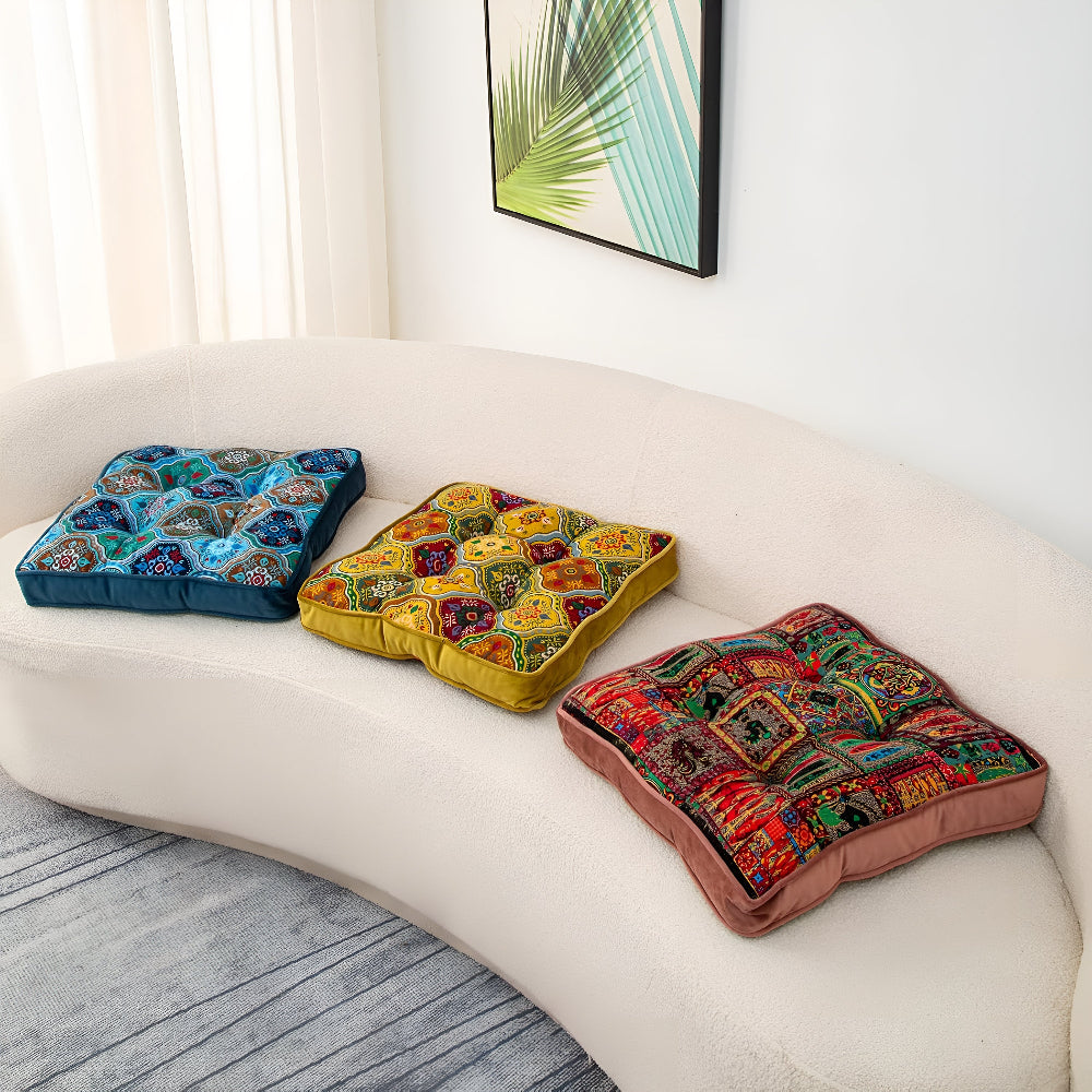 Mira Tie-Strap Cushion - Microfiber Blend, Boho Patchwork Design 4