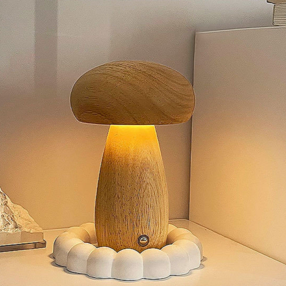 Mushroom Table Lamp - Wooden, USB-C Rechargeable LED Lights 0