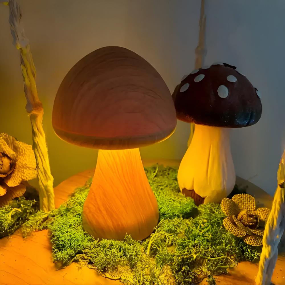 Mushroom Table Lamp - Wooden, USB-C Rechargeable LED Lights 1