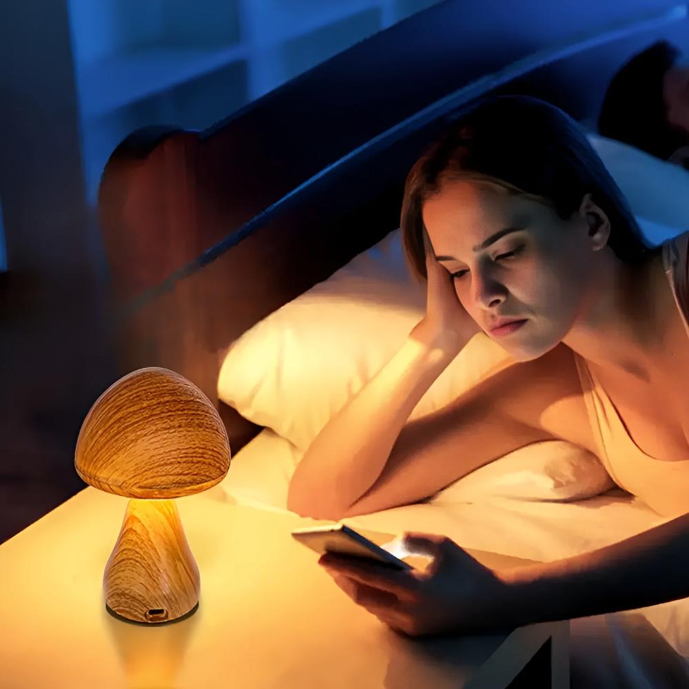 Mushroom Table Lamp - Wooden, USB-C Rechargeable LED Lights 3