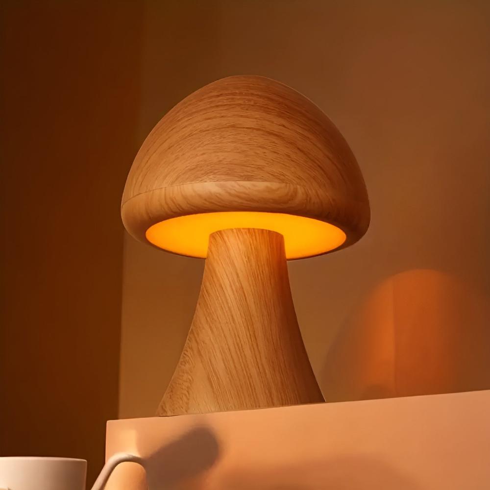 Mushroom Table Lamp - Wooden, USB-C Rechargeable LED Lights 4