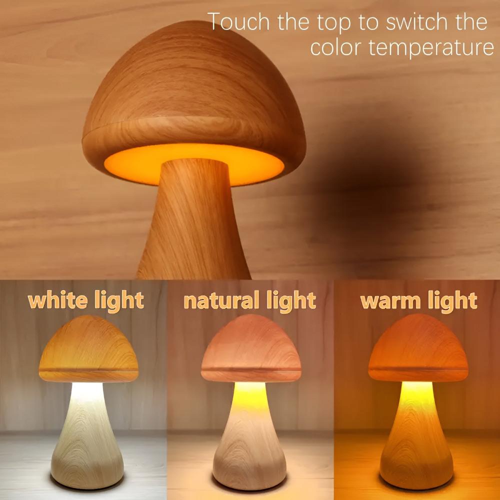 Mushroom Table Lamp - Wooden, USB-C Rechargeable LED Lights 5
