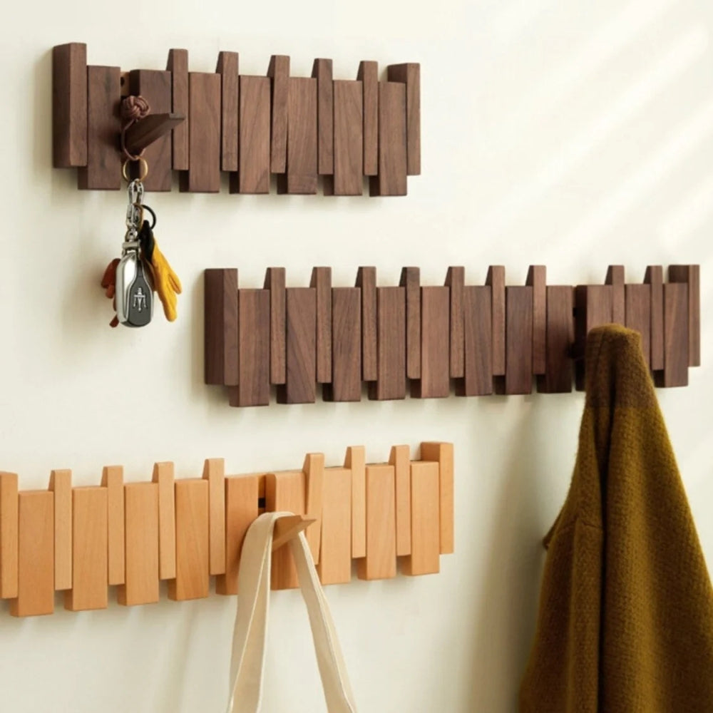 Piano Wall Mounted Coat Rack - Foldable Wooden Hooks, Space-Saving Design 1