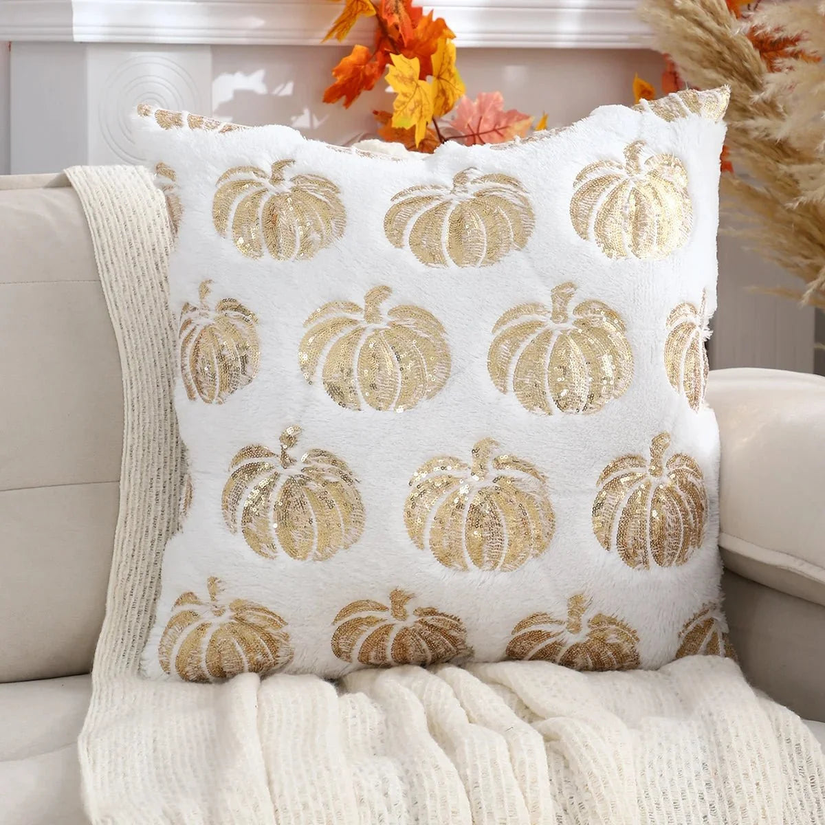 Plush Autumn Pumpkin Cushion Cover - Orange Beige White Sequin Decorative Throw for Sofa 2