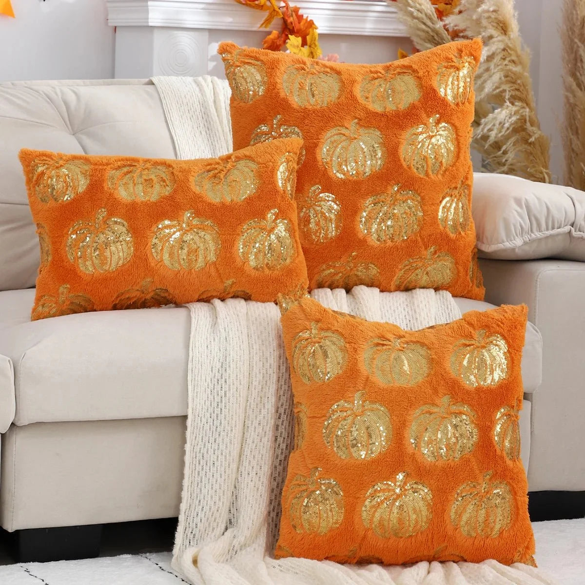 Plush Autumn Pumpkin Cushion Cover - Orange Beige White Sequin Decorative Throw for Sofa 3