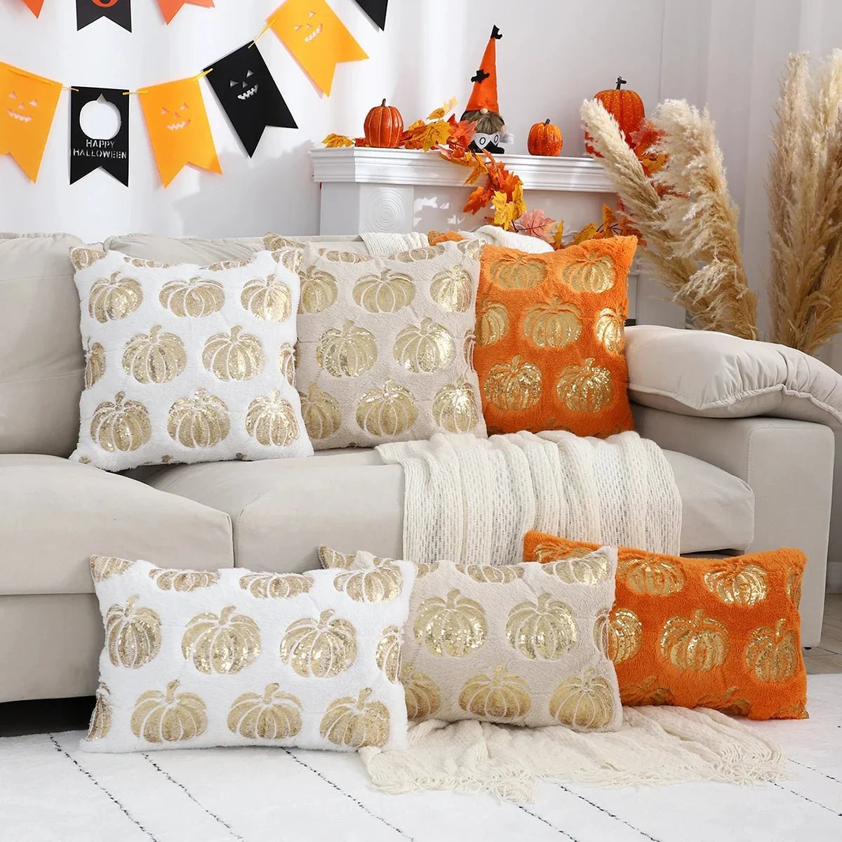 Plush Autumn Pumpkin Cushion Cover - Orange Beige White Sequin Decorative Throw for Sofa 4