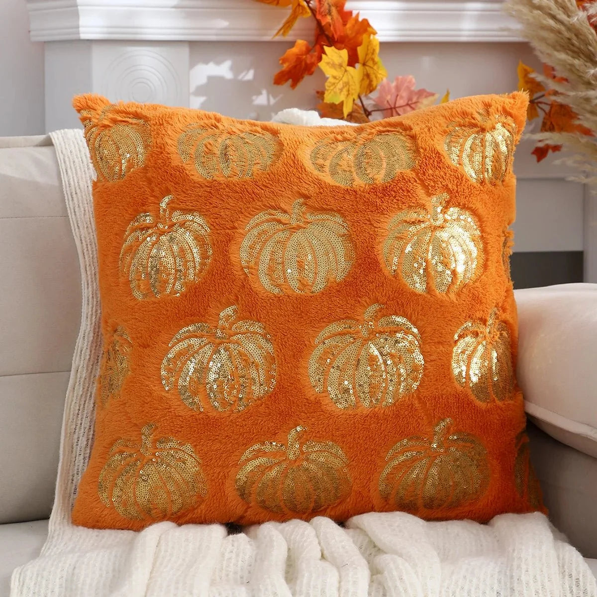 Plush Autumn Pumpkin Cushion Cover - Orange Beige White Sequin Decorative Throw for Sofa 7