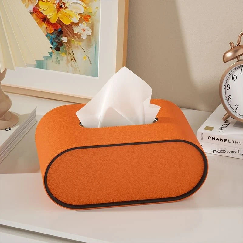 Premium Leather Tissue Box Cover - Oval Design with Contrasting Piping, Elegant Home Décor 0