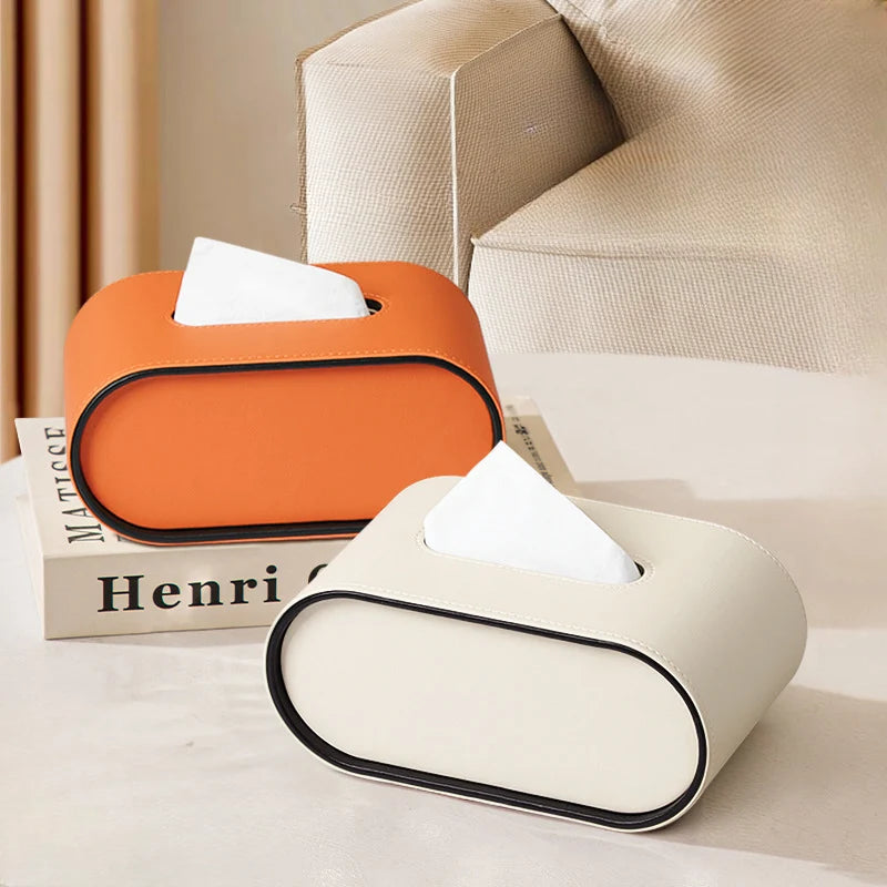 Premium Leather Tissue Box Cover - Oval Design with Contrasting Piping, Elegant Home Décor 1