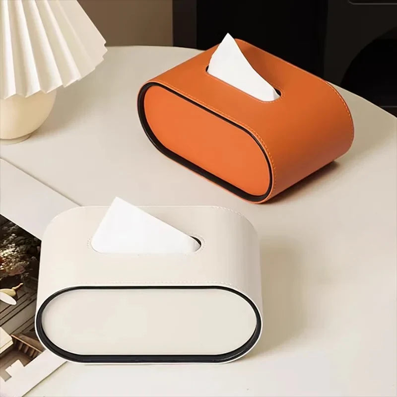 Premium Leather Tissue Box Cover - Oval Design with Contrasting Piping, Elegant Home Décor 2