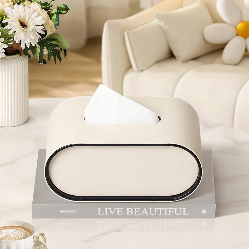 Premium Leather Tissue Box Cover - Oval Design with Contrasting Piping, Elegant Home Décor 3