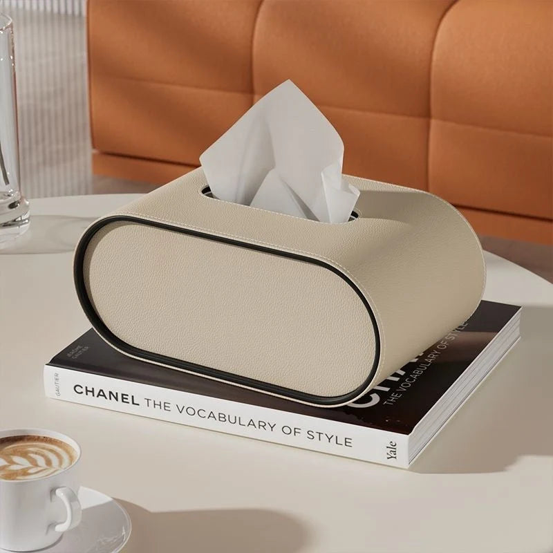 Premium Leather Tissue Box Cover - Oval Design with Contrasting Piping, Elegant Home Décor 4