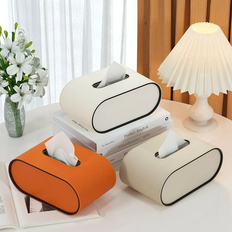 Premium Leather Tissue Box Cover - Oval Design with Contrasting Piping, Elegant Home Décor 6