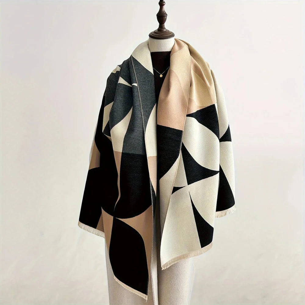 Reversible Microfiber Scarf Poncho - Warm Soft Geometric Color Block Design 180x65 cm for Autumn Winter 0