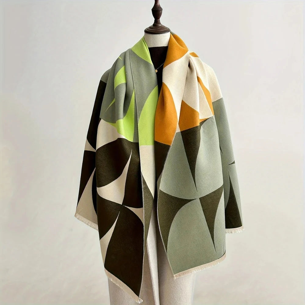 Reversible Microfiber Scarf Poncho - Warm Soft Geometric Color Block Design 180x65 cm for Autumn Winter 1