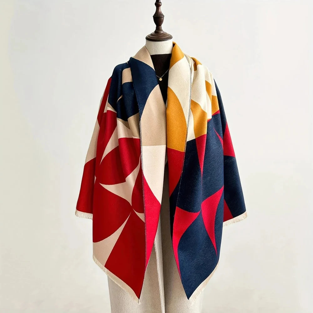Reversible Microfiber Scarf Poncho - Warm Soft Geometric Color Block Design 180x65 cm for Autumn Winter 3