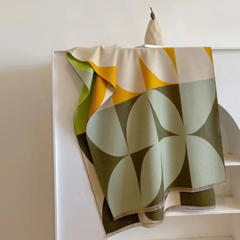 Reversible Microfiber Scarf Poncho - Warm Soft Geometric Color Block Design 180x65 cm for Autumn Winter 6