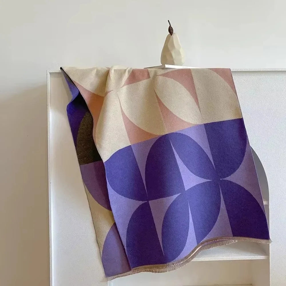 Reversible Microfiber Scarf Poncho - Warm Soft Geometric Color Block Design 180x65 cm for Autumn Winter 7
