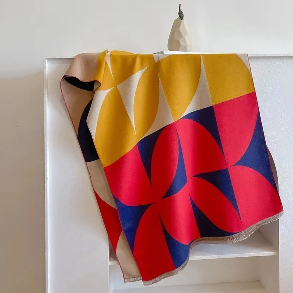 Reversible Microfiber Scarf Poncho - Warm Soft Geometric Color Block Design 180x65 cm for Autumn Winter 8