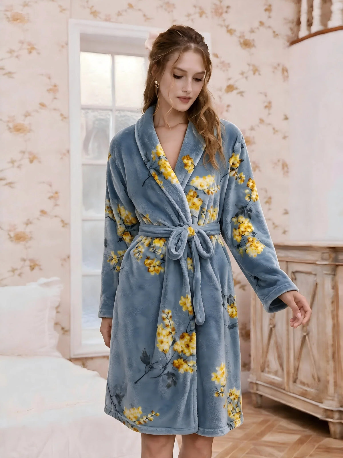Soft Flannel Womens Bathrobe - Long, Warm, Comfortable Loungewear with Adjustable Belt for Autumn Winter 0