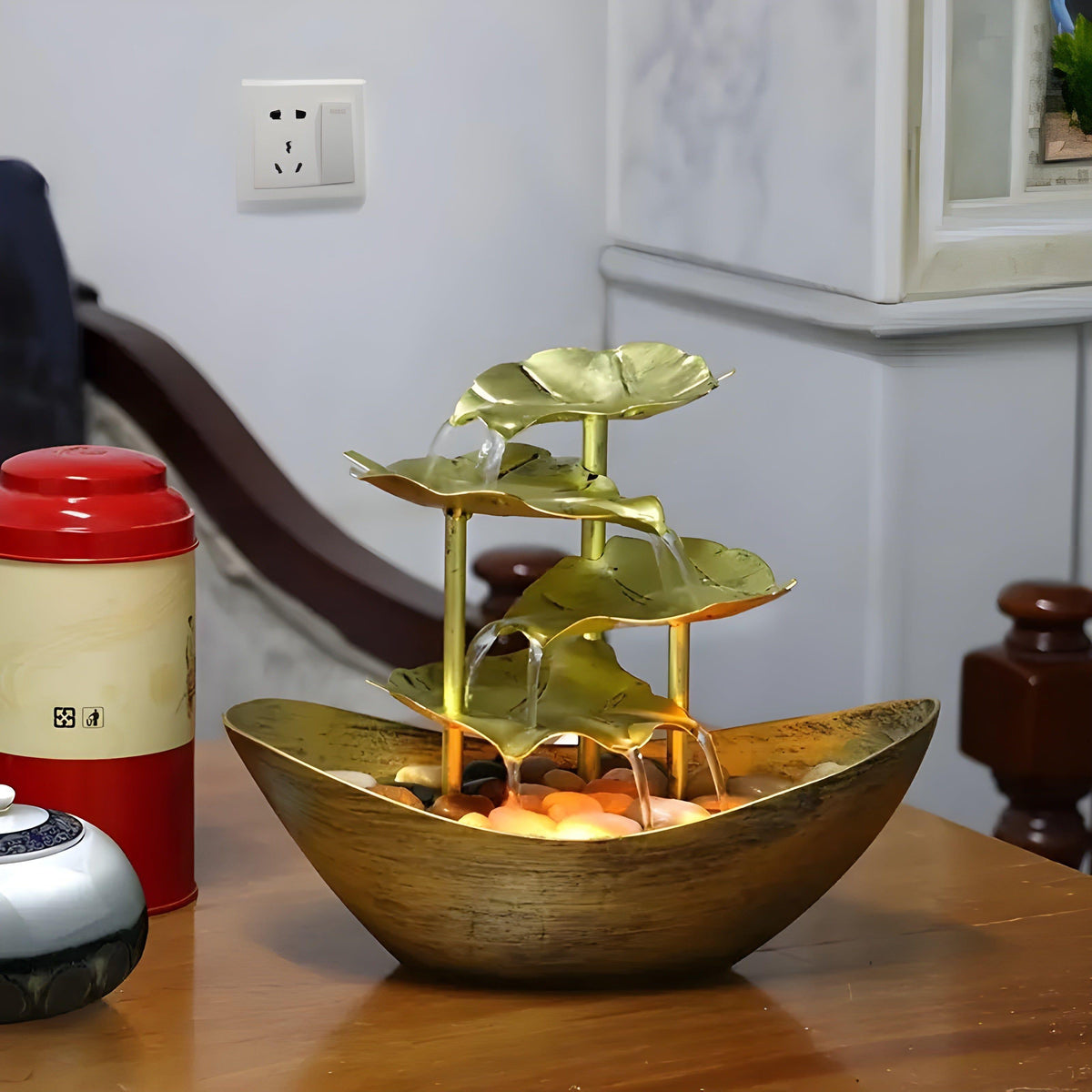 Tavren Tabletop Fountain - Iron Leaf Design with LED Light, Indoor Waterfall 0