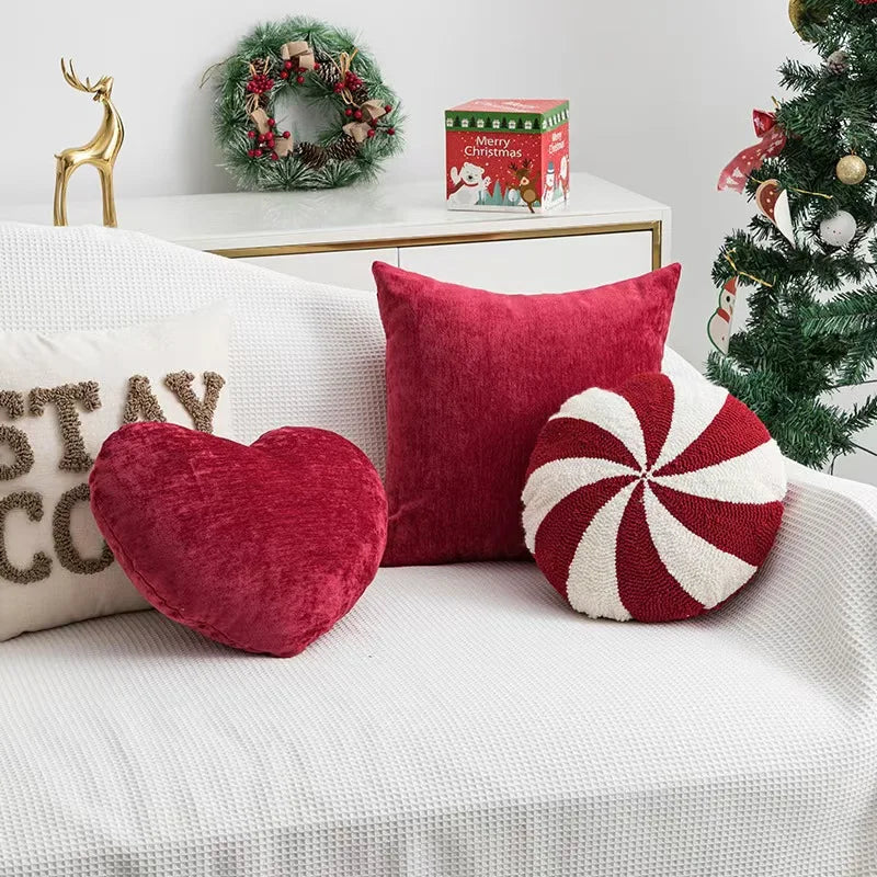 Velvet Decorative Cushion - Red White Candy Cane Pattern, Festive Throw Pillow for Couch & Living Room 1
