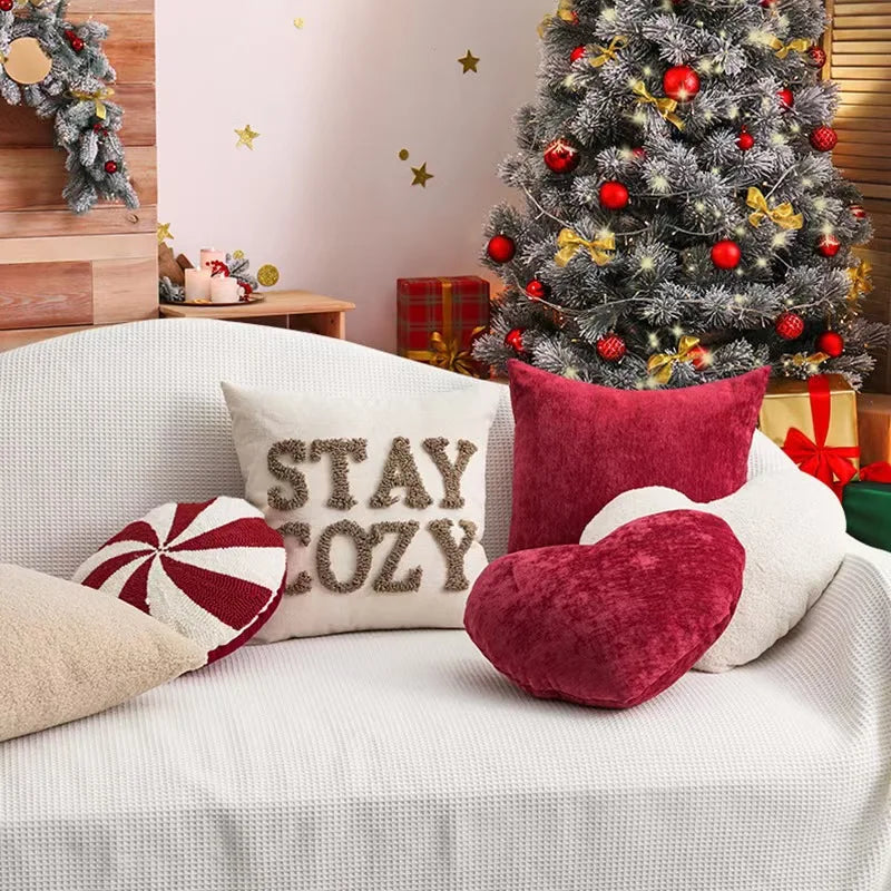 Velvet Decorative Cushion - Red White Candy Cane Pattern, Festive Throw Pillow for Couch & Living Room 2