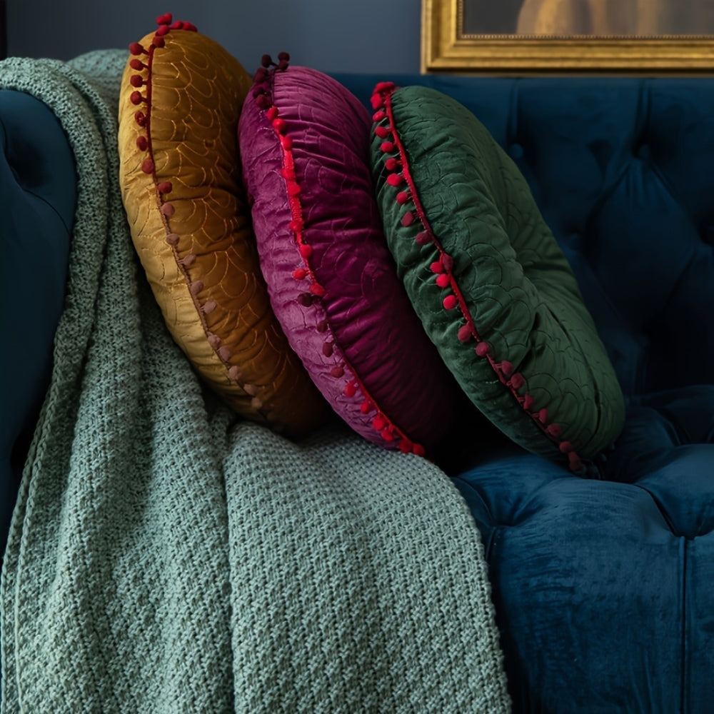 Vesper Round Cushion - Vintage Quilted Velvet, Decorative Pom-Pom Trim 1