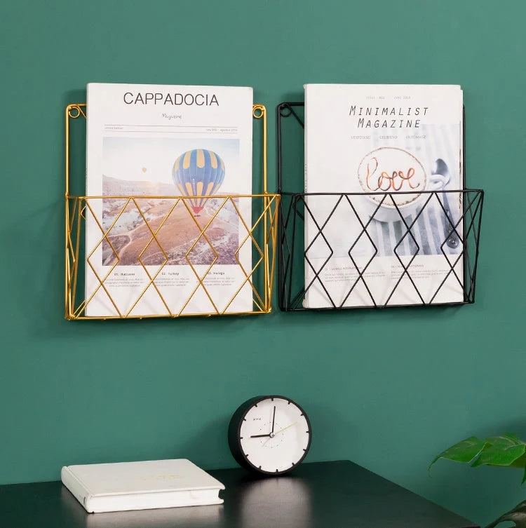 Wall Mounted Magazine Rack - Geometric Metal Wire Design, Compact Depth for Narrow Spaces 1