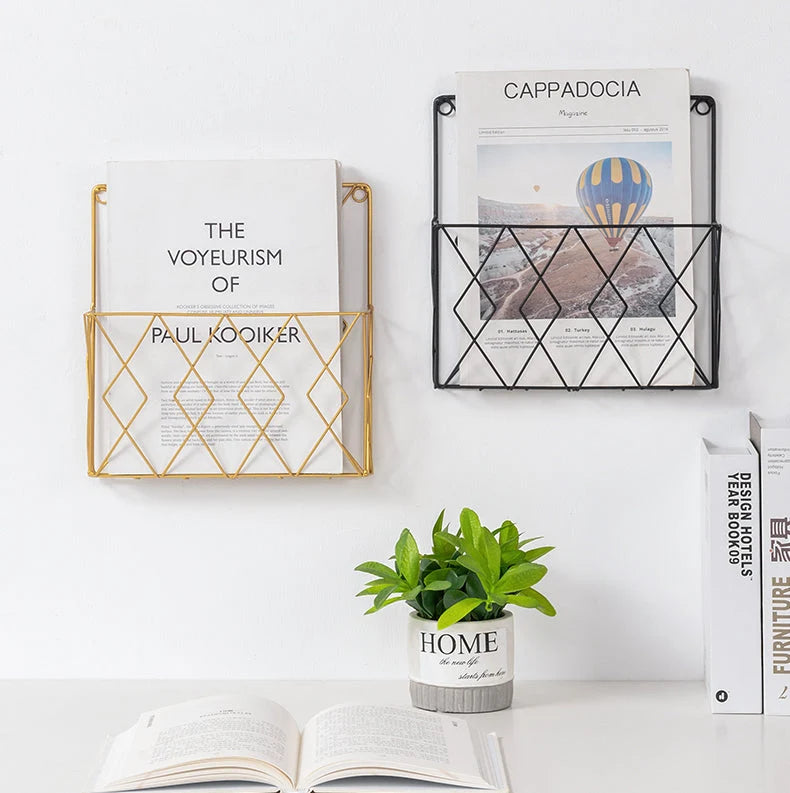 Wall Mounted Magazine Rack - Geometric Metal Wire Design, Compact Depth for Narrow Spaces 3