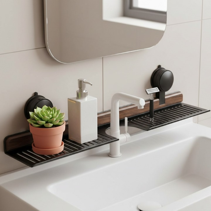 Wexlin Over The Sink Shelf - Walnut Wood, Drill-Free Suction Mount 0