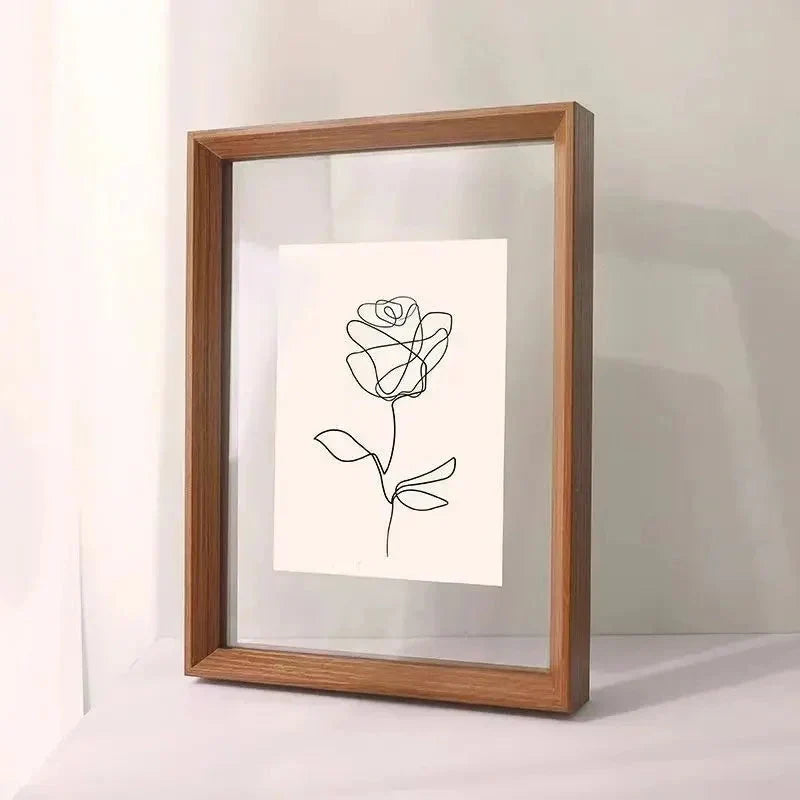 Wooden Floating Photo Frame Double-Sided Glass - Solid Wood, White Border, Wall or Table Display 0