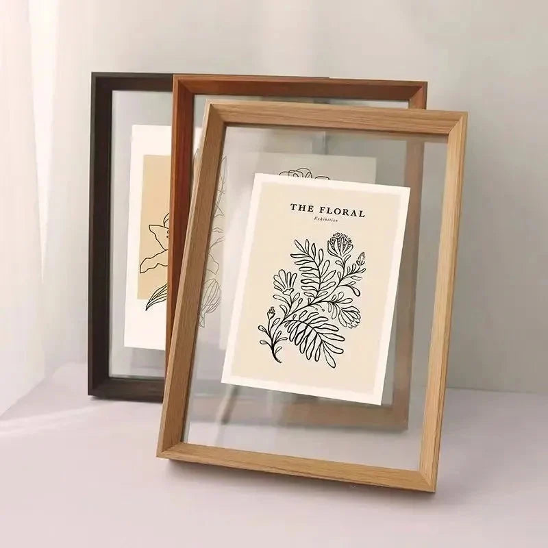 Wooden Floating Photo Frame Double-Sided Glass - Solid Wood, White Border, Wall or Table Display 3