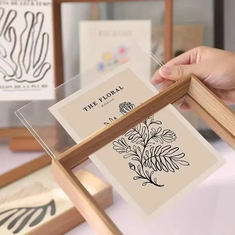 Wooden Floating Photo Frame Double-Sided Glass - Solid Wood, White Border, Wall or Table Display 4